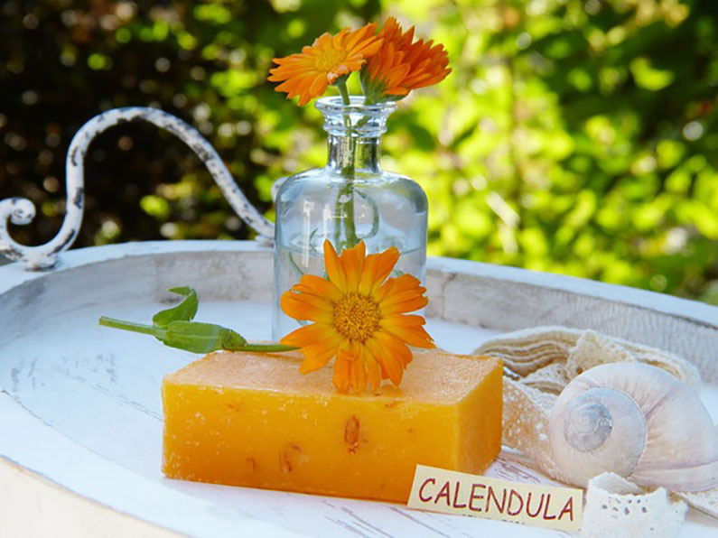 hand-made calendula soap with calendula flowers